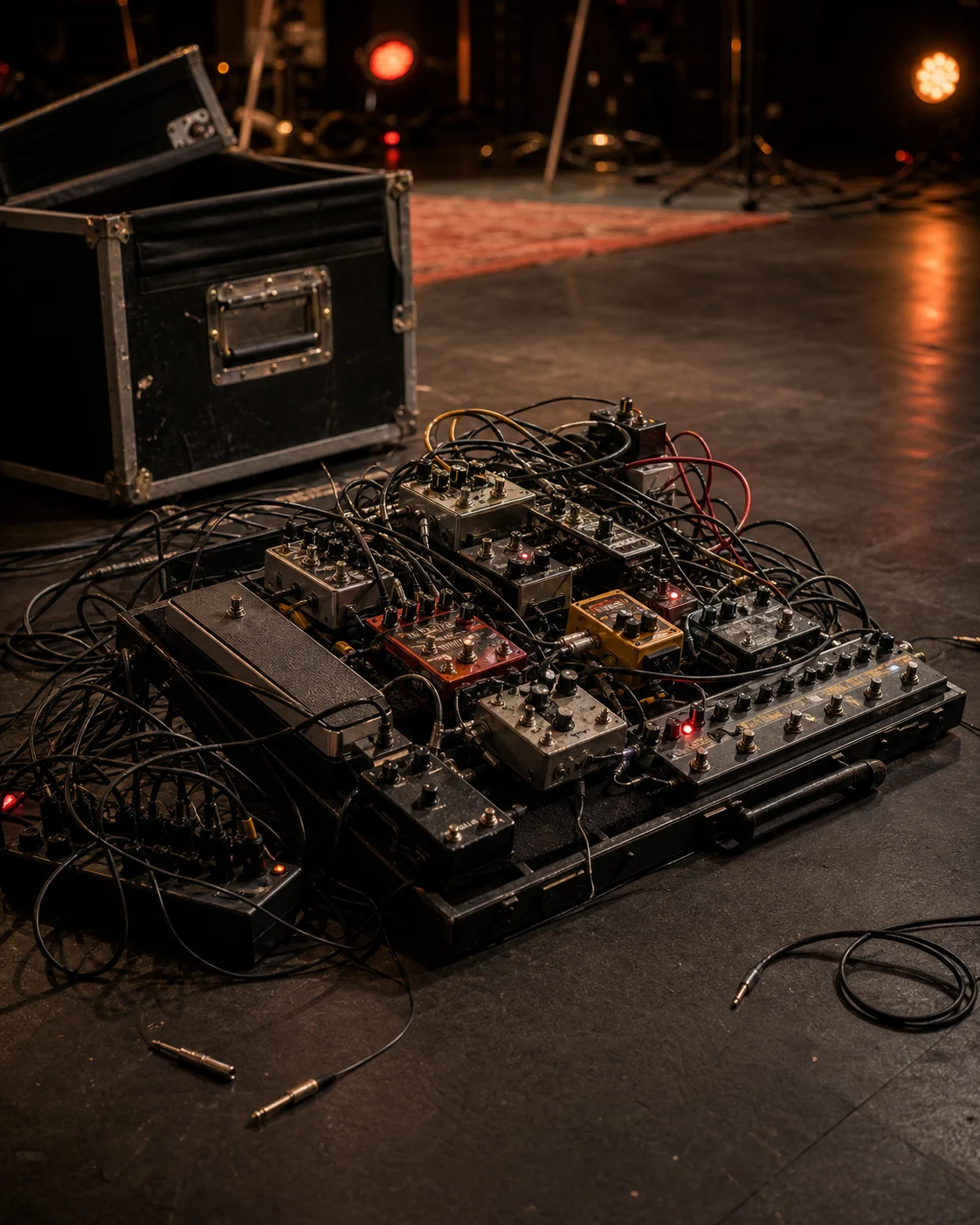 Pedalboard pesado e desorganizado com muitos cabos espalhados no palco