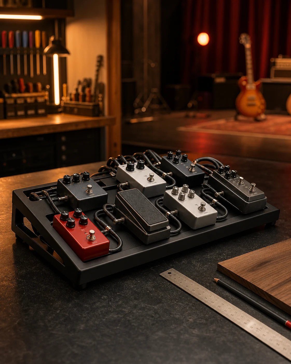 Pedalboard profissional organizado, com cabos alinhados, ao lado de ferramentas de planejamento